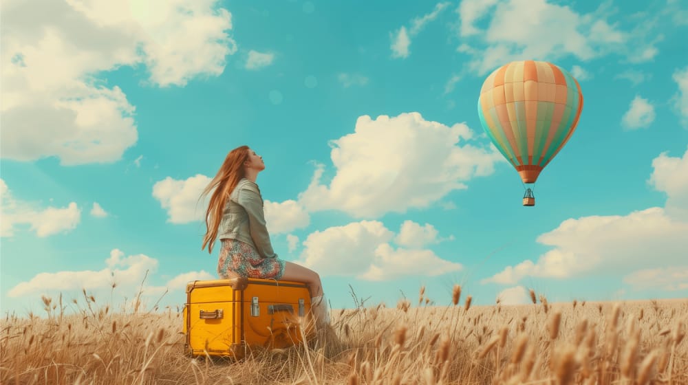 mulher a desfrutar do presente, numa campo de trigo, sentada numa mala amarela e ao lado um balão de ar quente, desfrutar do presente, slow living