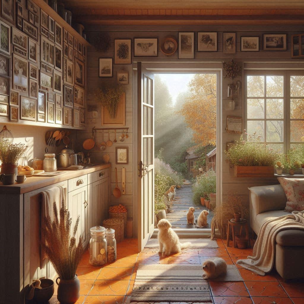 simulação AI de uma casa slow living, com um cenário idílico, no campo, com animais de estimação