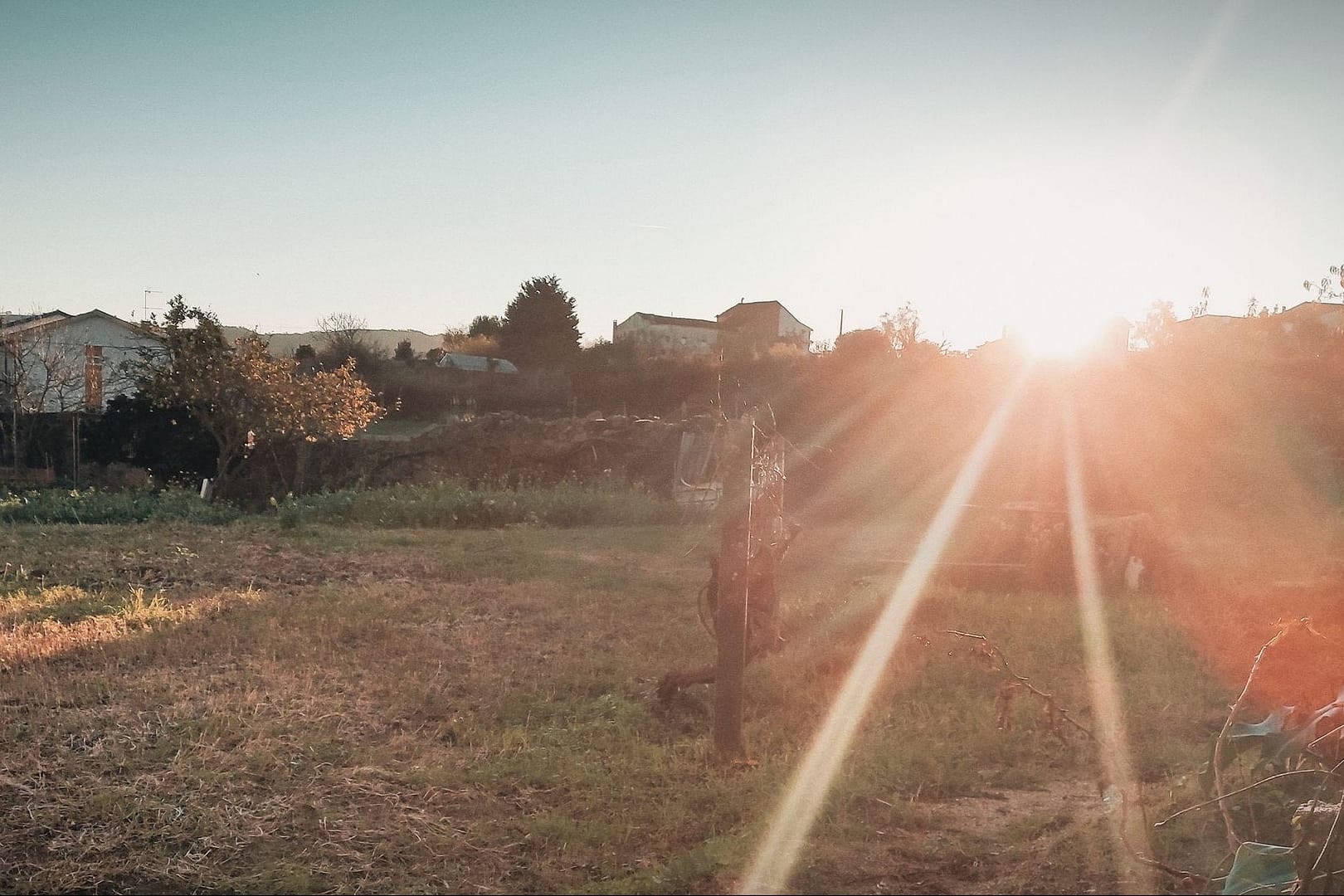 nascer do sol sob terreno cultivado em pequena localidade, com sensação de paz e tranquilidade.